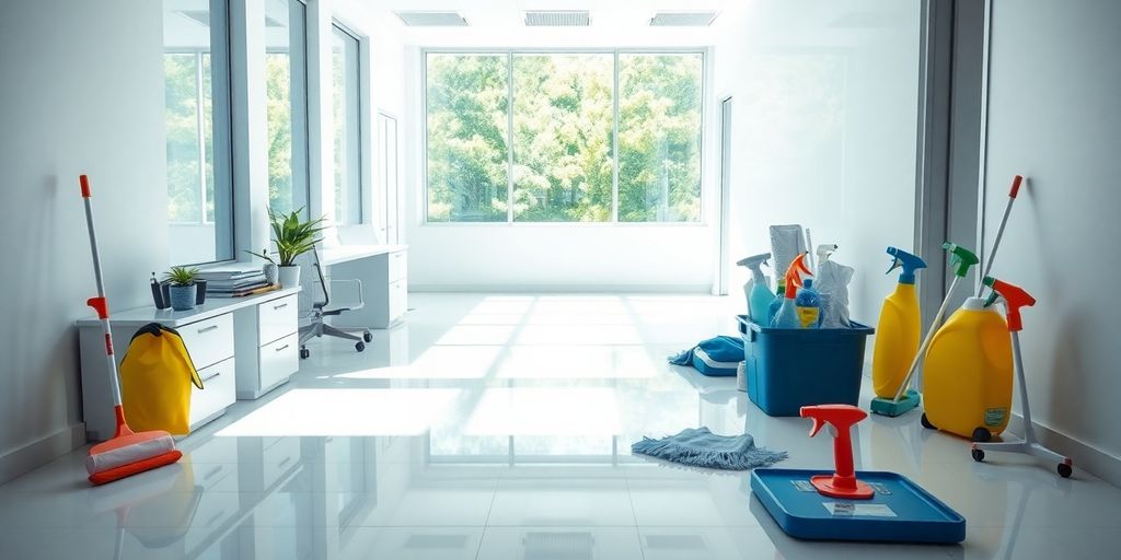 office interior with cleaning supplies