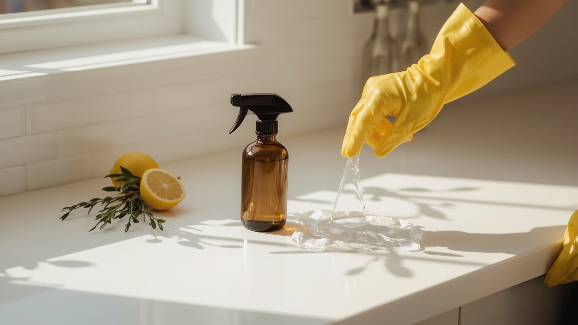 Hands in rubber gloves cleaning white kitchen counter with eco-friendly spray bottle