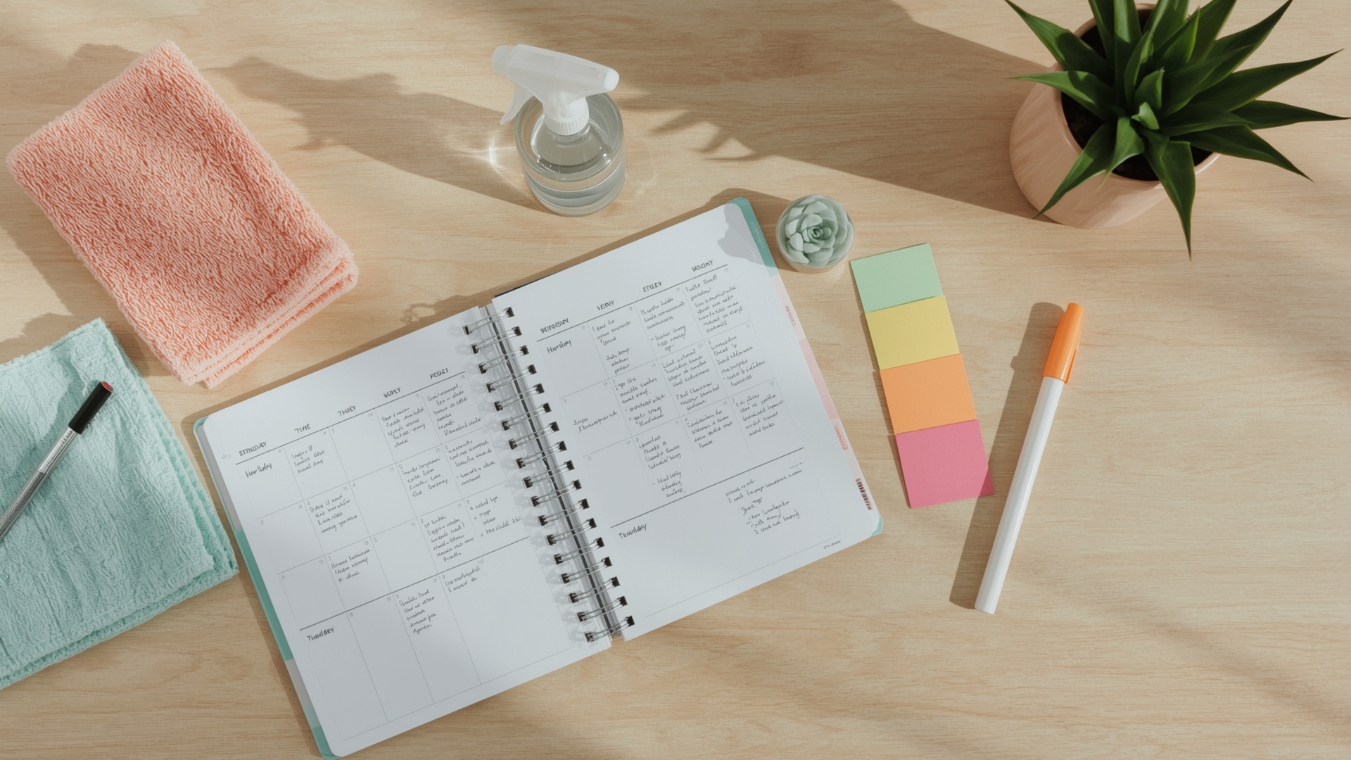 Overhead view of organized home deep cleaning schedule planner with colorful sticky notes