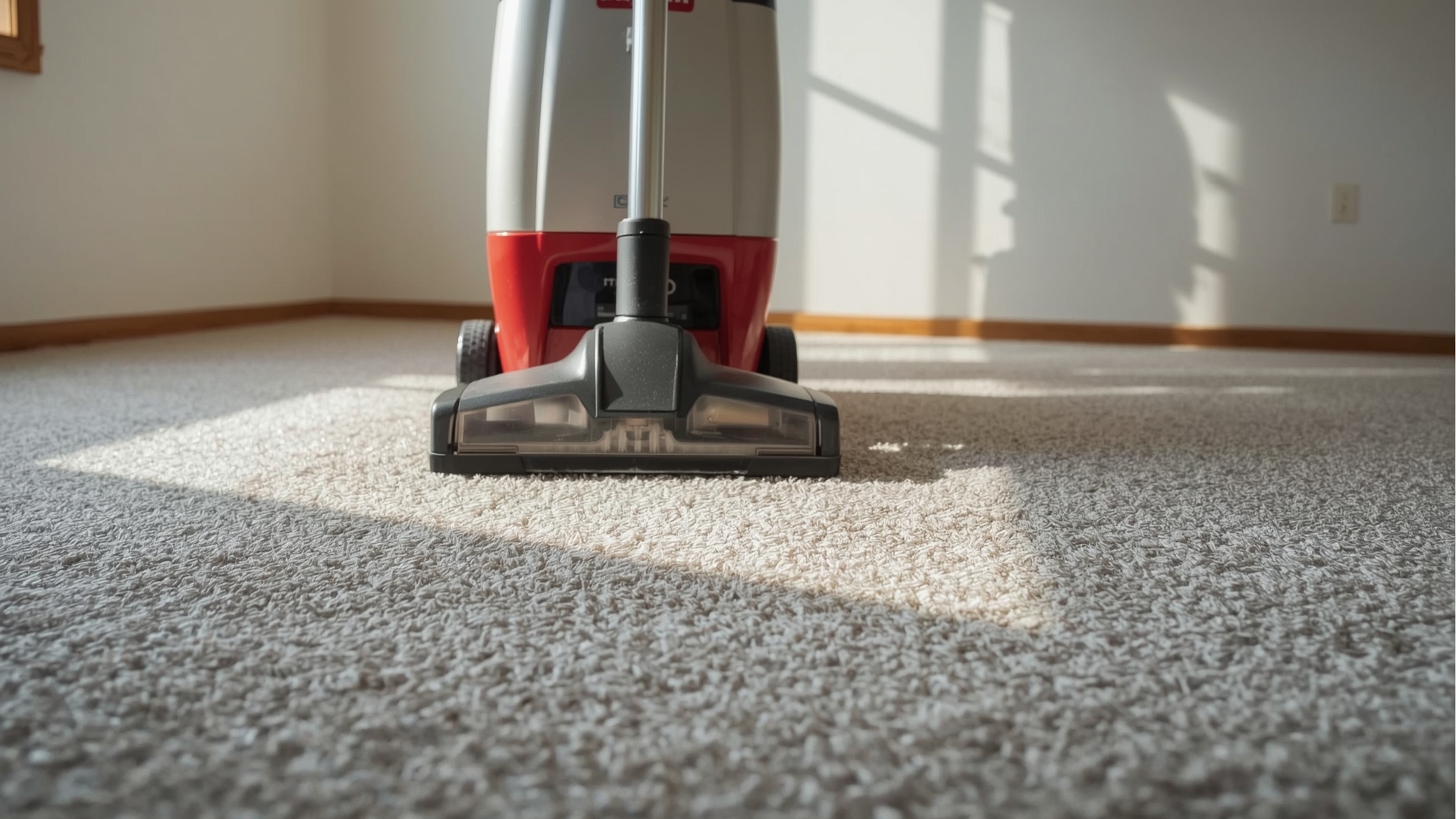 Carpet steam cleaning machine being pulled slowly across gray residential carpet in proper technique