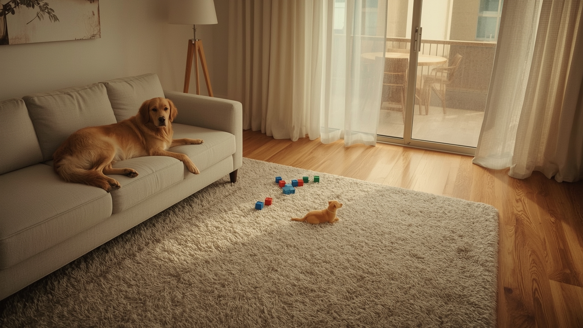 Golden retriever on sofa with scattered toys showing pet and child household cleaning challenges