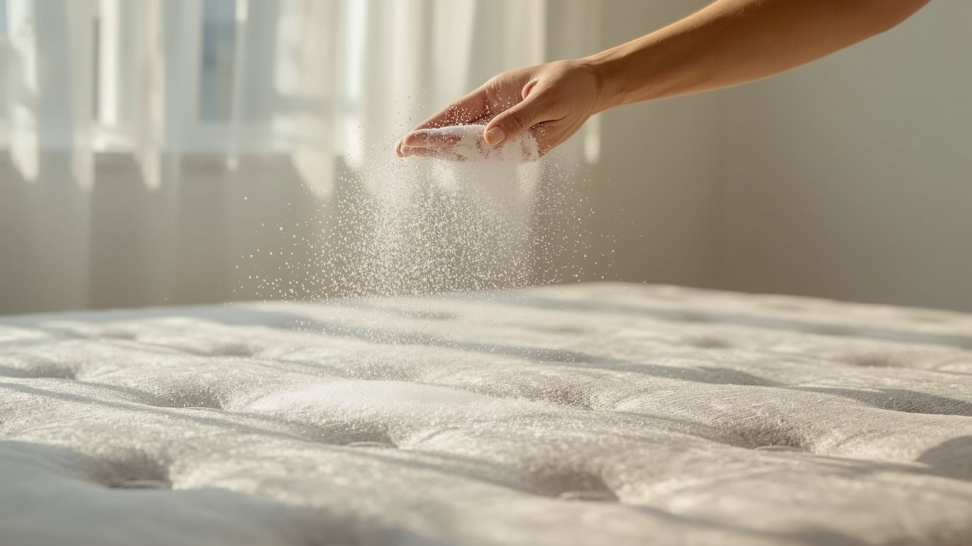 Hand sprinkling baking soda evenly over a grey quilted mattress surface in bright bedroom