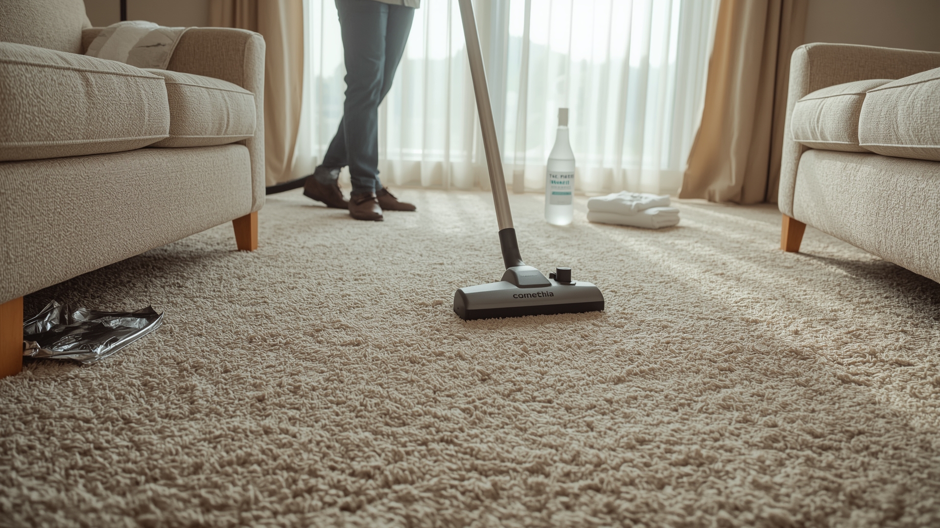 Living room carpet prepared for steam cleaning with vacuum and pre-treatment supplies nearby