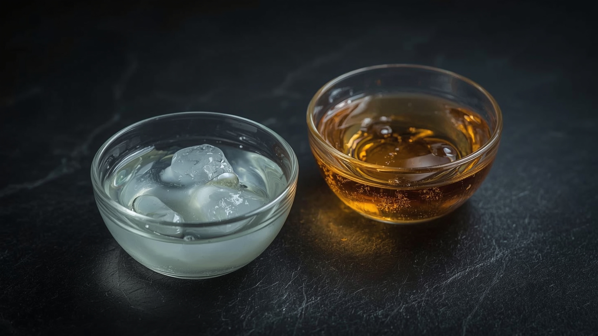 Macro view of castile soap curdling reaction showing cloudy separated liquid in glass bowl