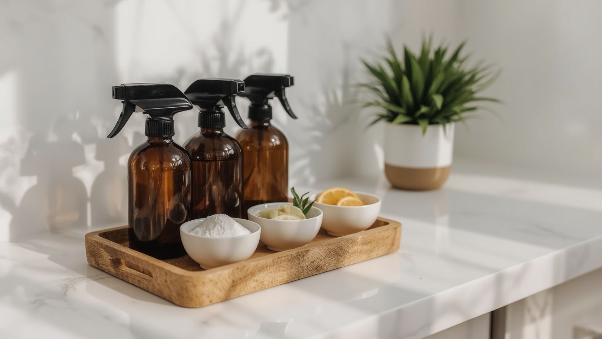 Natural eco-friendly cleaning products arranged on marble countertop with citrus and herbs