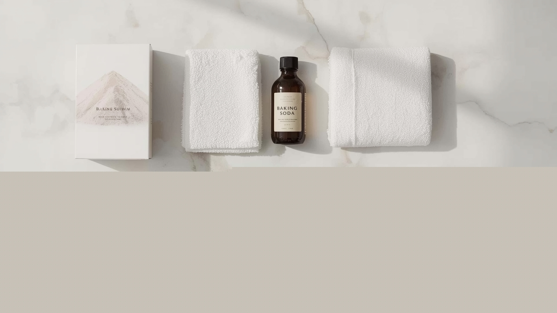 Overhead flat-lay of mattress cleaning supplies including baking soda spray bottle and white cloths