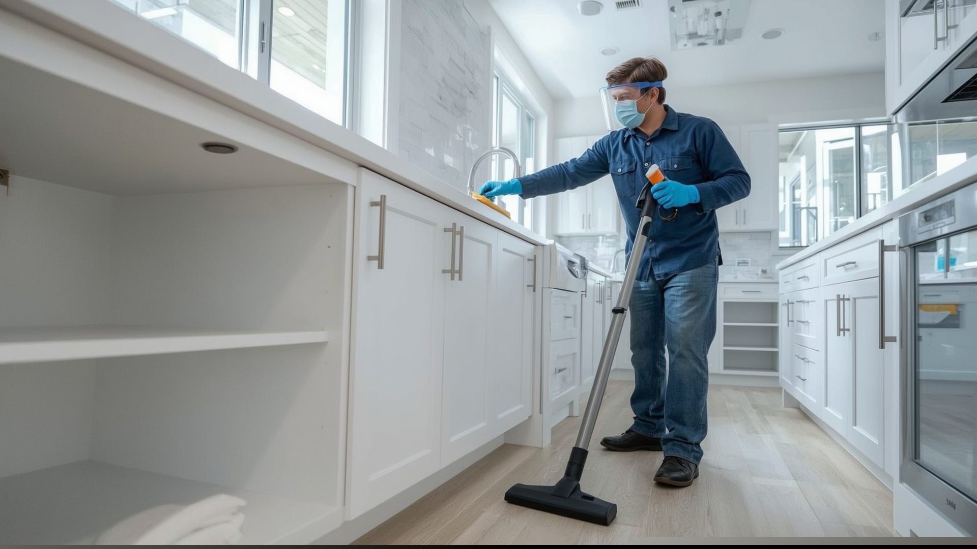 Professional post-construction cleaner wiping cabinet interiors in newly built kitchen