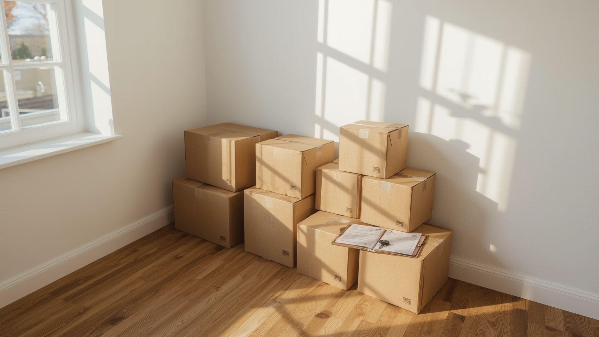 Tenant moving out of apartment with boxes keys and inspection clipboard on floor
