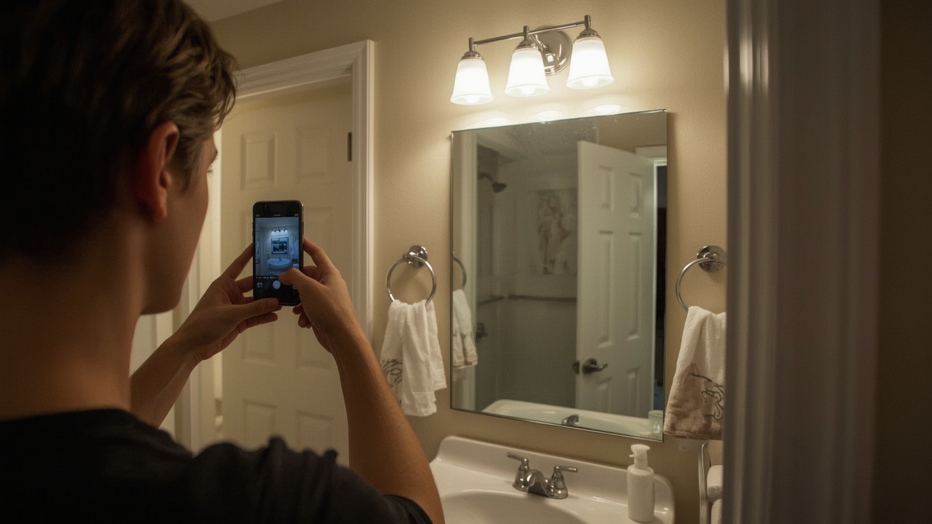 Tenant photographing rental bathroom condition with smartphone during move-in inspection