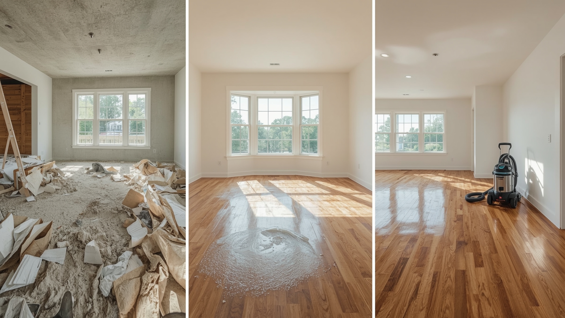 Three phases of post-construction cleaning from rough debris removal to final polish